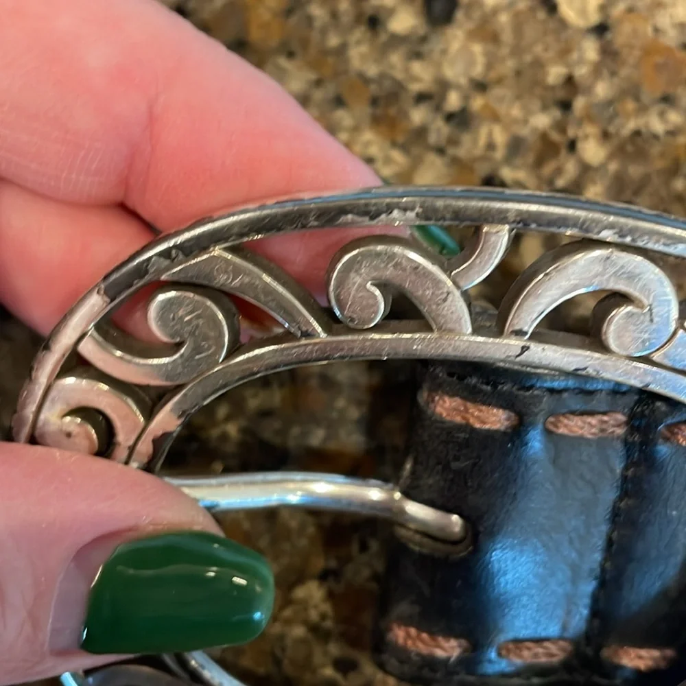 Brighton Strap Braided Leather Stitched Belt Silver Buckle Boho Western Size 34